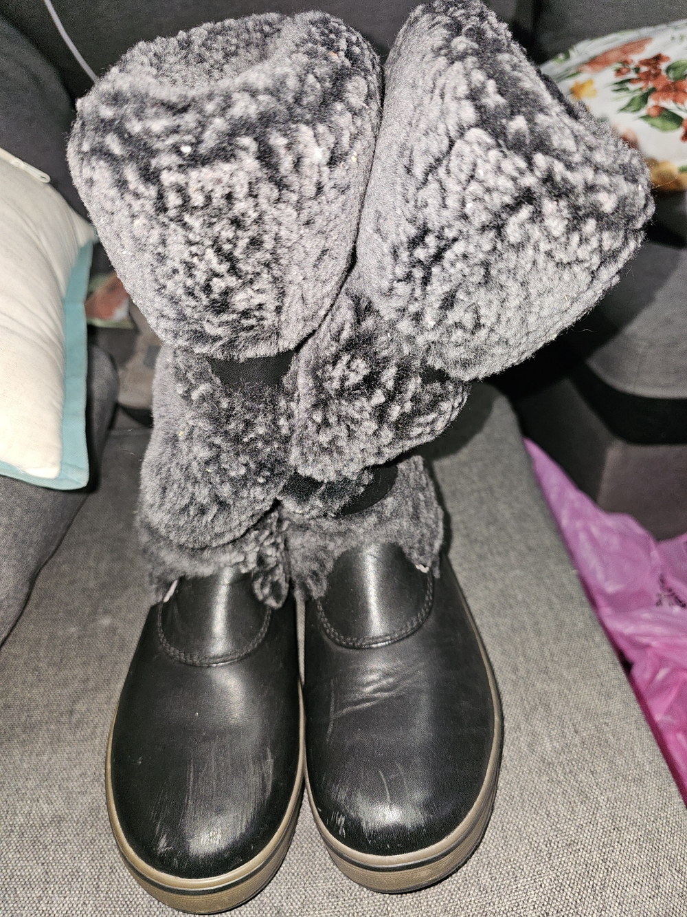 UGG Black Leather Winter Boots with Gray Faux Fur Cuffs